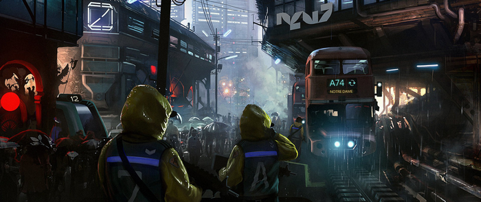 Cyberpunk city street with people in hazmat suits and a train