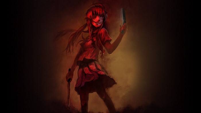 Gasai Yuno from Mirai Nikki holding a knife and gun