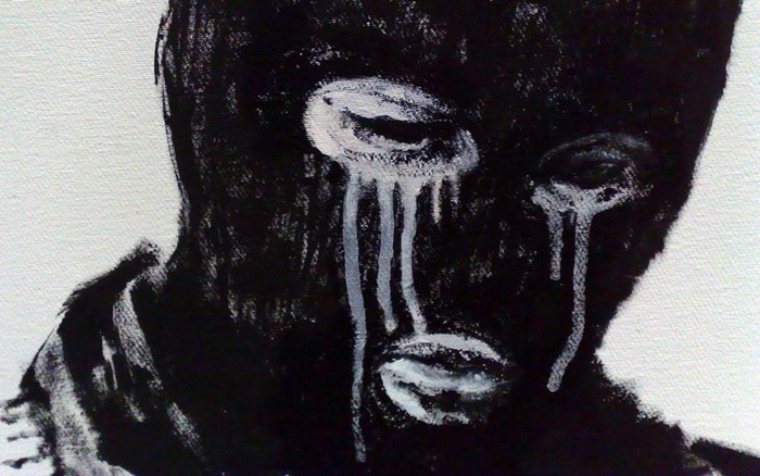 Painting of a person wearing a black balaclava with white tears