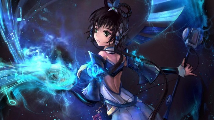 Anime girl with headphones and musical notes