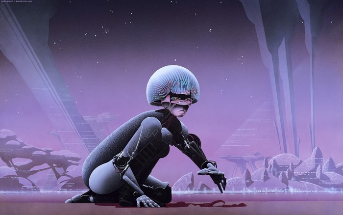 Robot in a purple alien landscape by Roger Dean