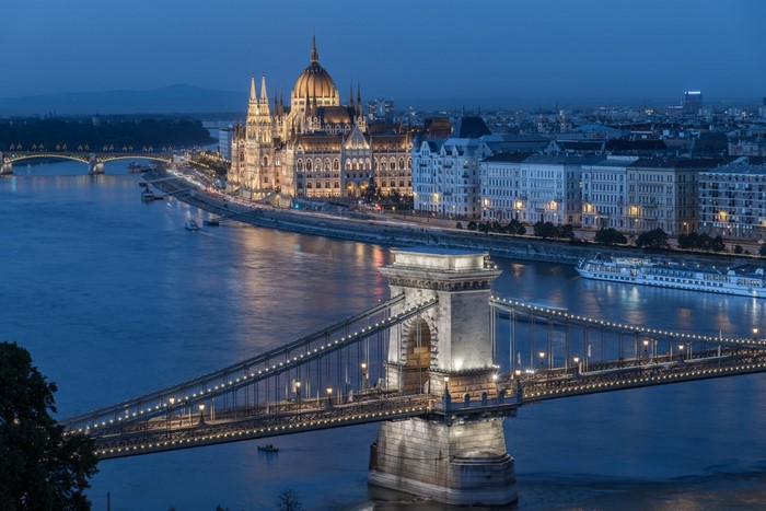 Budapest cityscape with Parliament Building and Chain Bridge at night