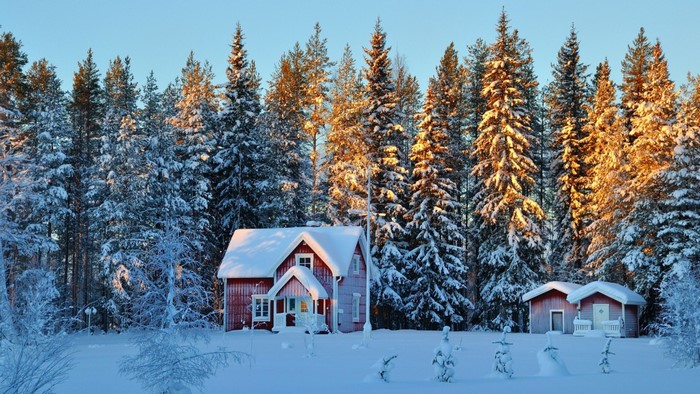 Snowy Forest Cabin at Sunset