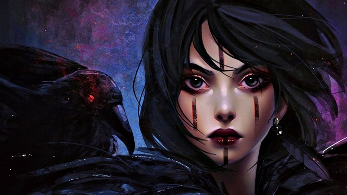 Dark Fantasy Woman with Raven in Gothic Style