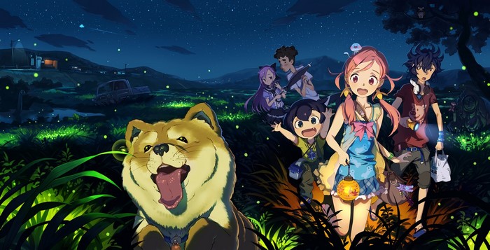 Anime characters and dog in a field at night