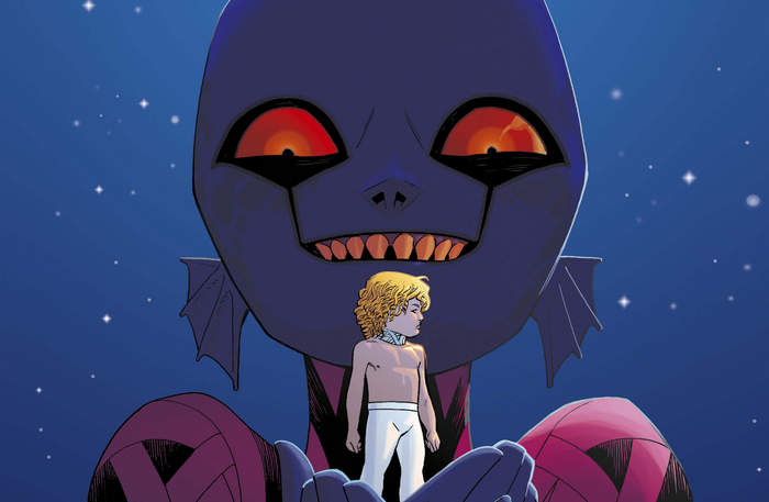 Alien creature holding a boy in front of a starry sky