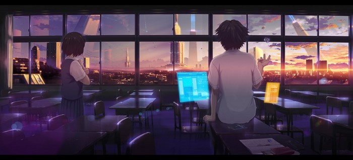 Anime classroom with futuristic cityscape at sunset