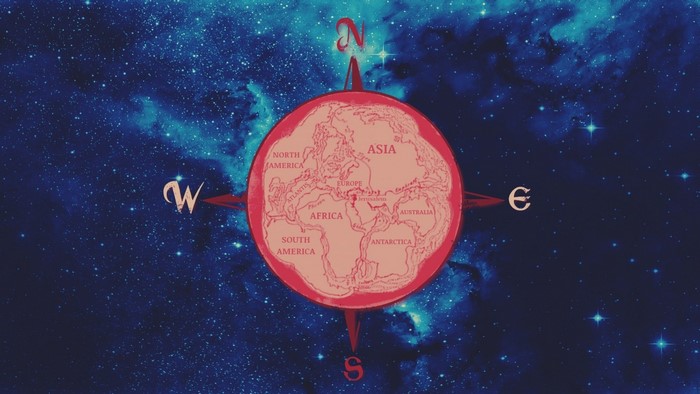 Earth as a planet with continents and compass in space
