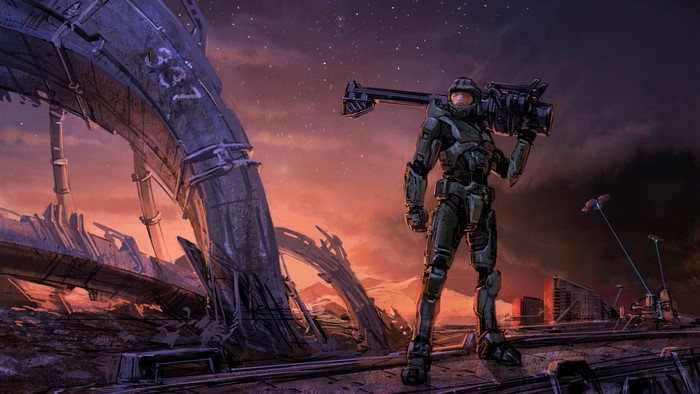 Master Chief from Halo with a rocket launcher in a ruined landscape