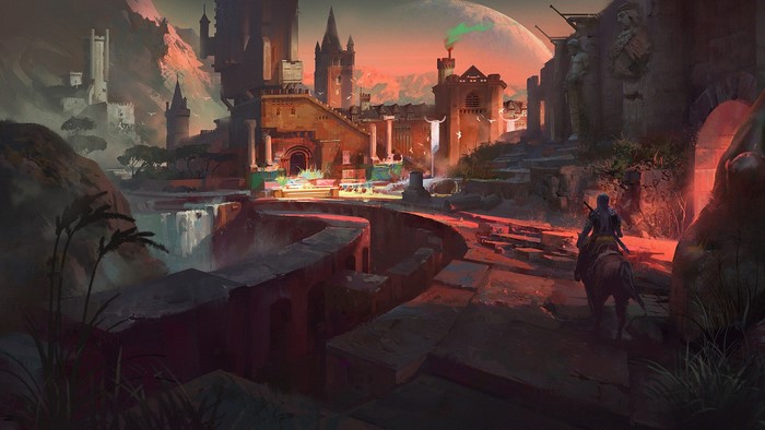 Fantasy castle ruins with a warrior on horseback at sunset