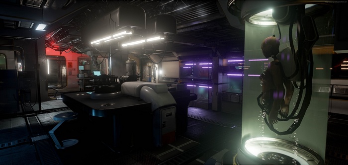 Sci-fi laboratory with specimen in a tank