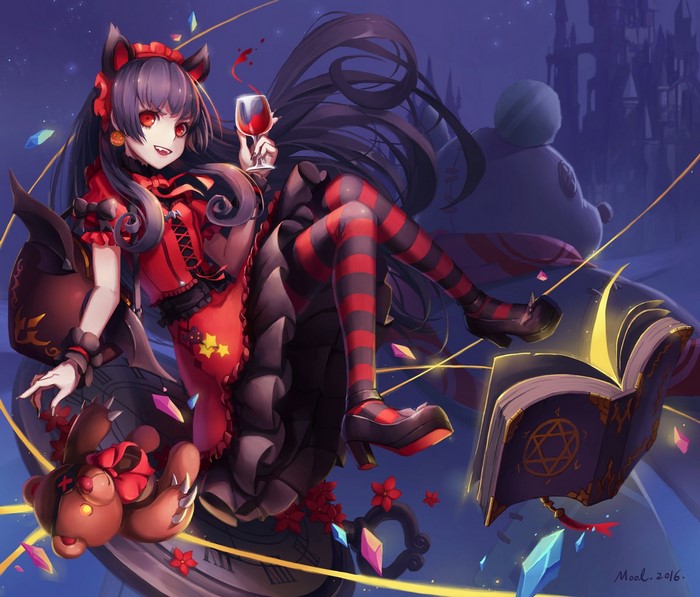 Anime girl with cat ears holding wine