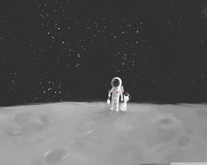 Astronaut and pet on the moon under starry sky
