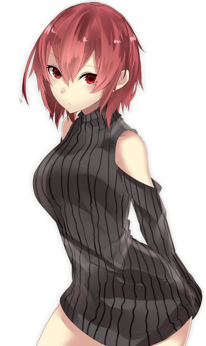 Anime girl with short red hair and red eyes wearing a sweater