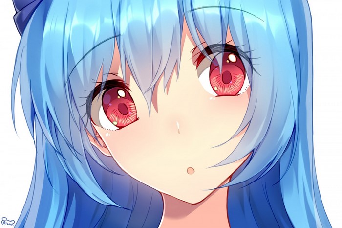 Anime girl with blue hair and red eyes