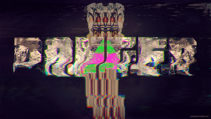 Glitch art abstract with text