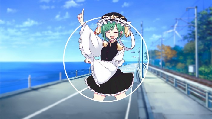 Anime girl with green hair on a bridge