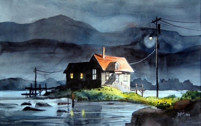 Watercolor painting of a house by a lake at night