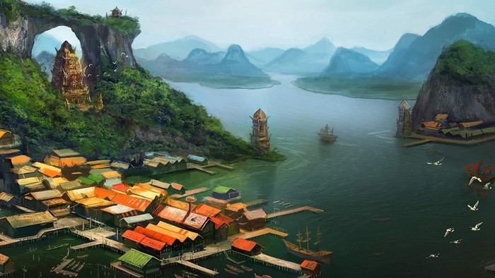Fantasy village with Asian architecture on a bay
