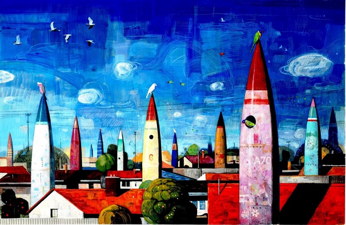 Colorful painting of a fantastical cityscape with rockets and birds