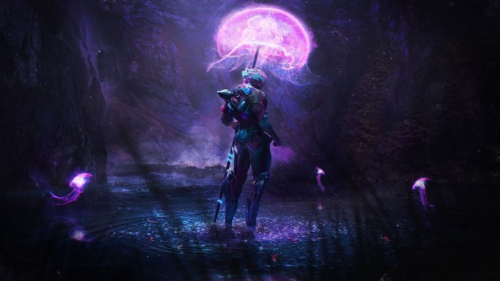 Fantasy art of a figure in a cave with glowing jellyfish