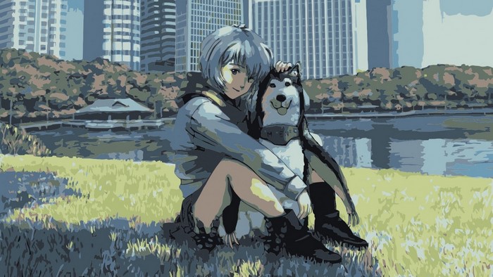 Ayanami Rei from Neon Genesis Evangelion with a dog