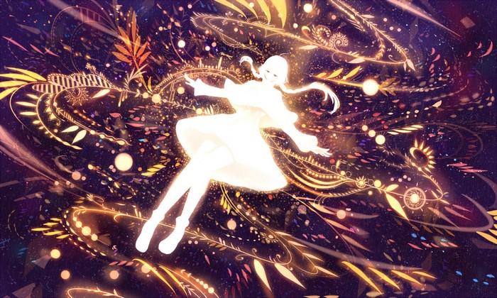 Fantasy art of a glowing girl amidst swirling lights