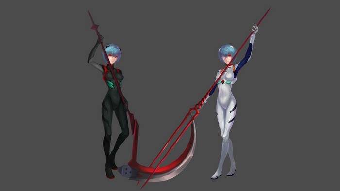 Ayanami Rei from Neon Genesis Evangelion with weapons