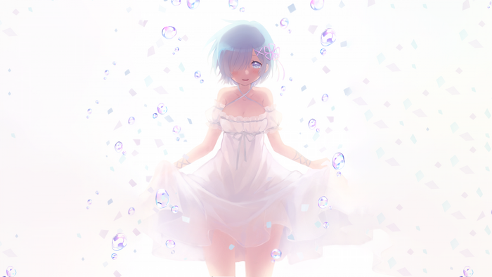 Rem from Re:Zero in a white dress with bubbles