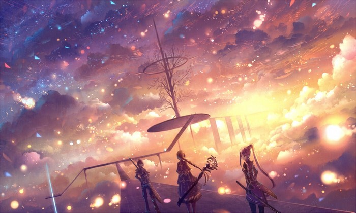 Three characters stand on a platform under a colorful sky