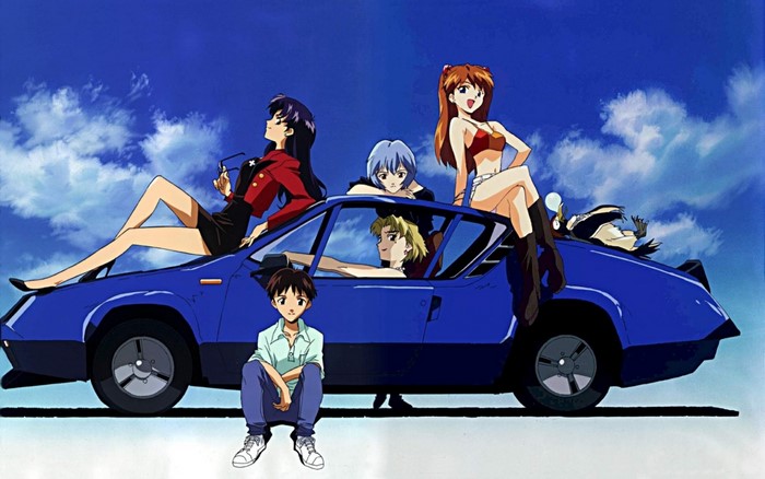 Characters from Neon Genesis Evangelion with a sports car
