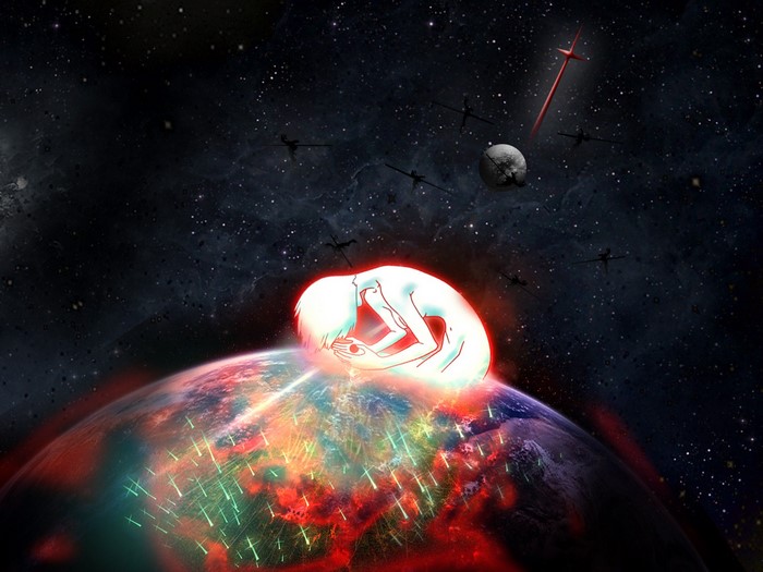 Ayanami Rei from Neon Genesis Evangelion in space above Earth