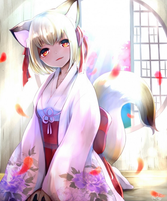 Anime girl with fox ears and tail in kimono