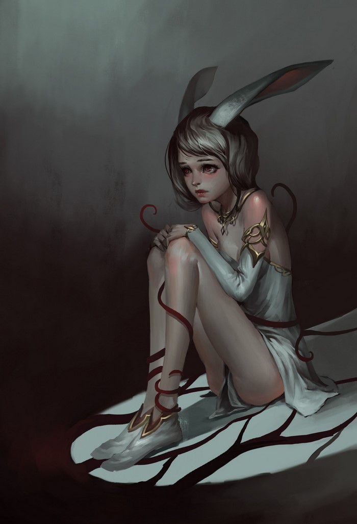 Illustration of a sad bunny-eared girl in a white dress