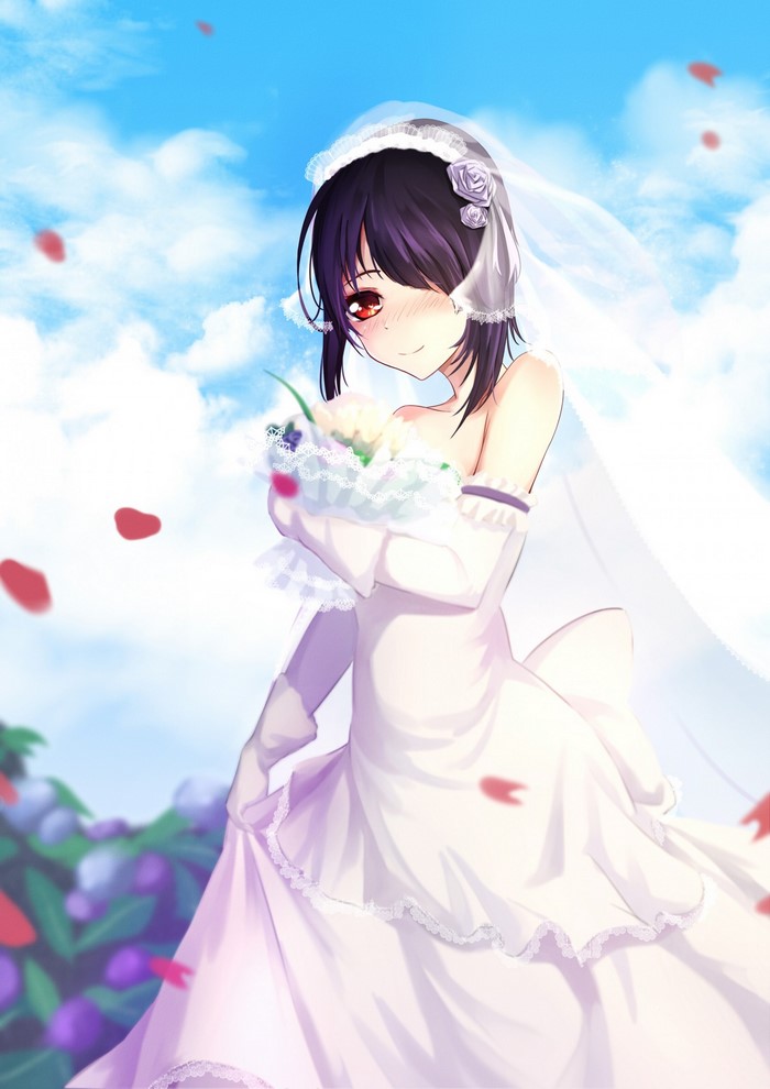 Anime girl in wedding dress holding flowers