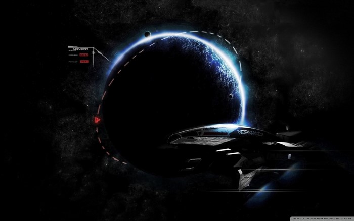 Normandy SR-1 spaceship near a glowing planet in space