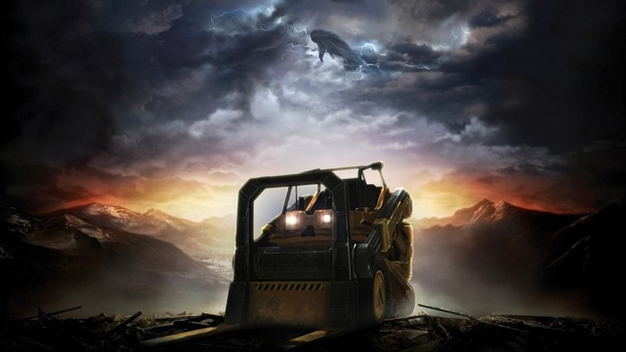 Forklift under stormy sky with creature