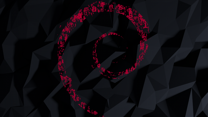 Debian Linux logo made of red binary code on a dark geometric background