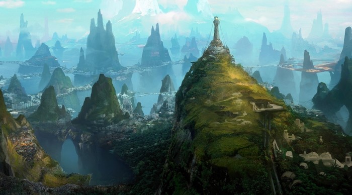 Fantasy city built on mountains with bridges and a lighthouse