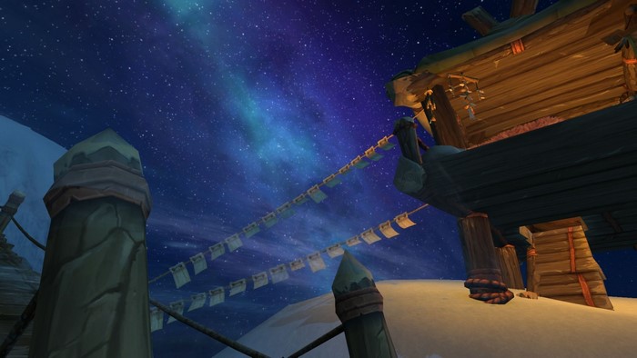 World of Warcraft: Highmountain Tauren settlement under a starry sky