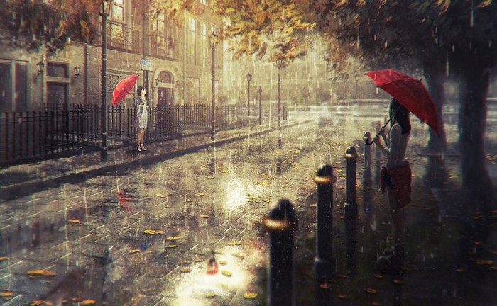 Anime girls with umbrellas on a rainy street in autumn
