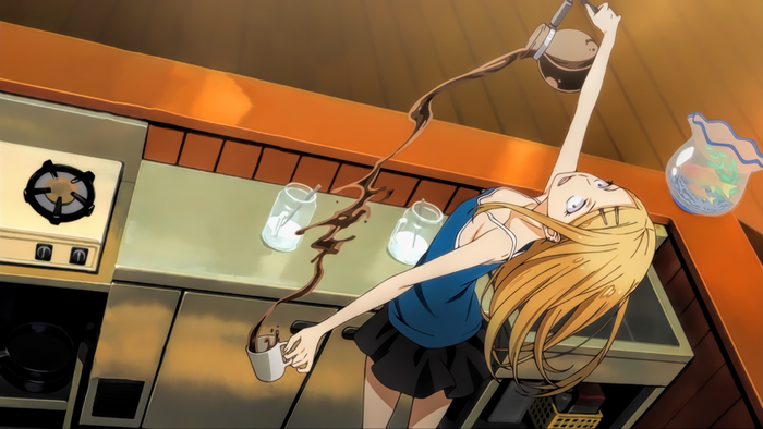 Saya Endou from Dagashi Kashi spilling coffee