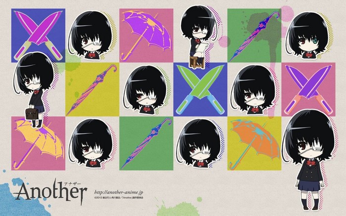 Misaki Mei from Another collage with knives and umbrellas