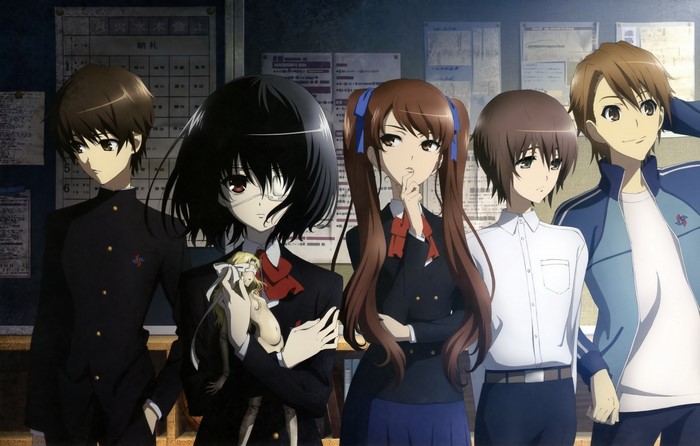 Misaki Mei, Sakakibara Kouichi, and friends from Another