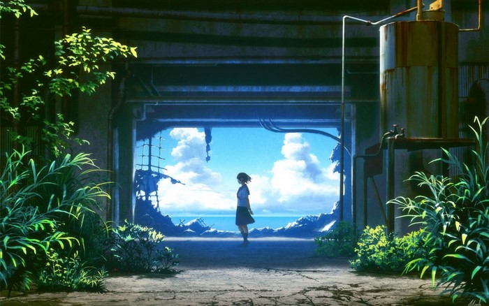 Girl in school uniform looking at a ruined seascape