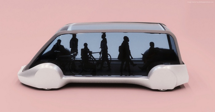 Futuristic electric bus with passengers and bicycles