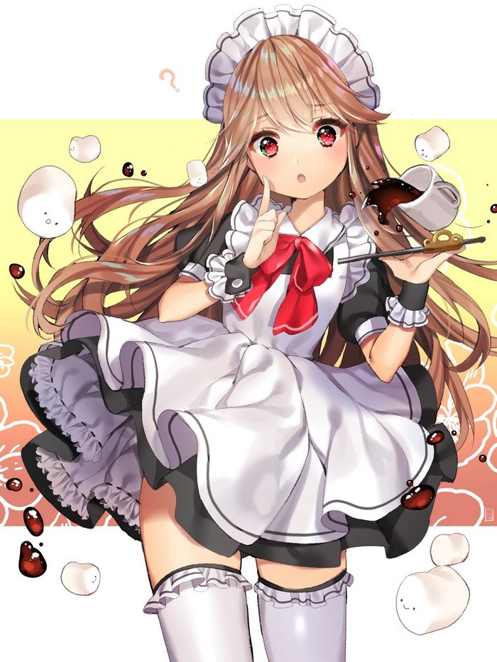 Anime maid girl with brown hair spilling coffee