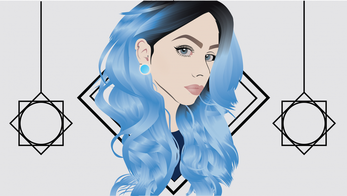 Illustration of a woman with blue hair and geometric shapes
