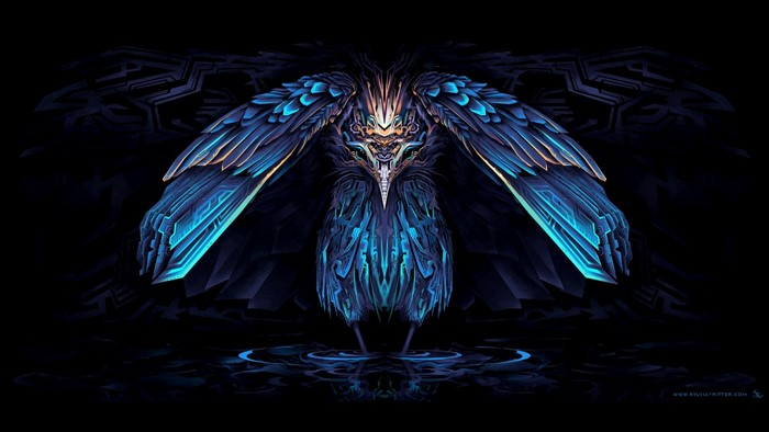 Symmetrical digital art of a mythical bird with blue wings