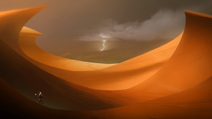 Astronaut in a desert during a lightning storm